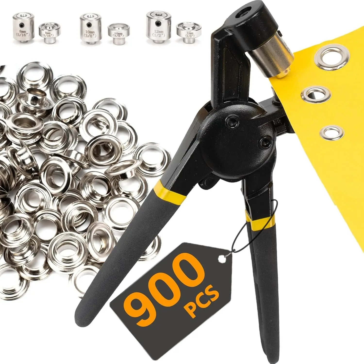 Heavy Duty Interchangeable Grommet Tool Kit - 1/2", 5/16", 3/8" Handheld Eyelet Plier Rivet Press with 900 Metal Grommets for Tarp, Leather Goods, Fabric, Crafters