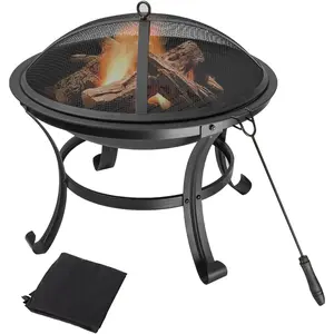 22-Inch Round Fire Pit Set, Wood Burning Fireplace/Firepit with Bowl, Mesh Lid, Poker, and Cover