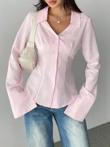 Striped Button Front Shirt, Long Sleeve Flare Sleeves, Waist Cinched, Casual Office Wear, Spring & Fall Fashion