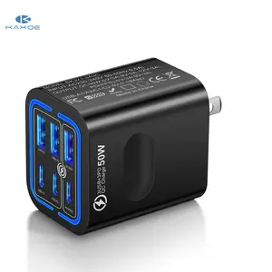 KAXOE 50W Super Fast Charger 3 Type-C + 3 USB 6-Port Fast Charging Adapter Portable Travel Charger, Compatible with iPhone, for Samsung Series, for Android