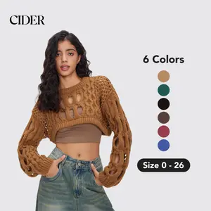 Cider [6 colors, size 0-26] Knit Round Neckline Hollow Out Long Sleeve Crop Top