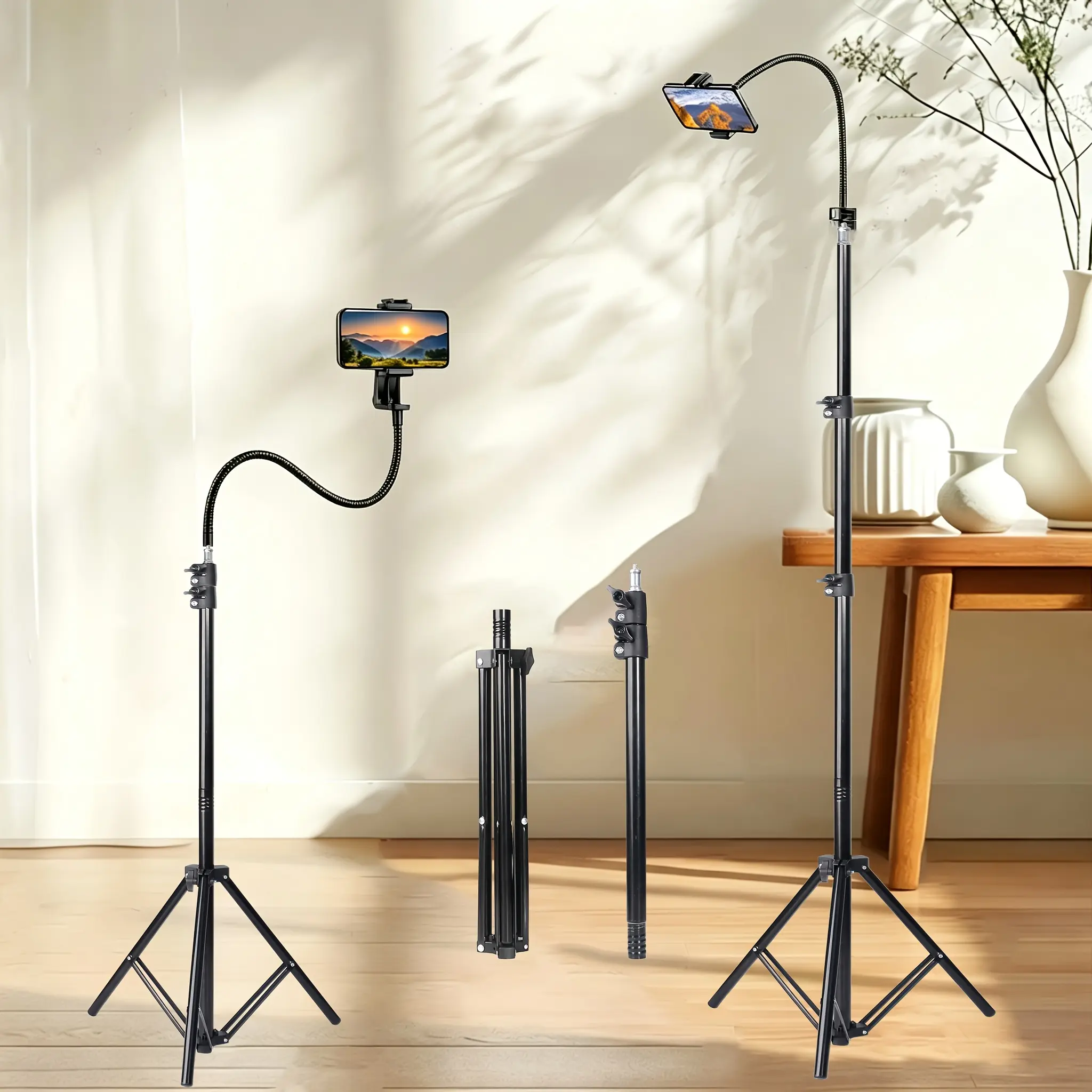 63-Inch Adjustable Aluminum Alloy Floor Tripod Stand with Gooseneck Hose, 360° Rotation Holder, Portable for Vlogging, Recording (Mobile Phone Accessories)