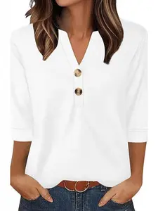 Women's V Neck Henley Shirts 3/4 Sleeve Casual Loose Fit T-Shirts with Decorative Buttons, Soft Comfy Blouse for Work & Daily Wear