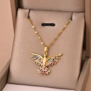 Women’s Asymmetrical Crystal Wing Pendant Necklace – Colorful Stainless Steel Jewelry