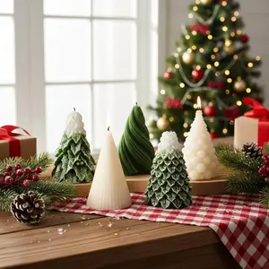 5 count Christmas Tree Shaped Candles 3 x 4.7 Inch Large Wax Scented Soy Candle White Green Swirl Snowy Cedar Tree Design Christmas Table Decorations Indoor for Xmas Holiday Birthday Gifts