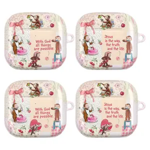 Coquette Pink Curious George AirPods Case | Cute Floral Curious Monkey Patchwork -Cottagecore Cherry AirPods Cover for AirPods 4 Airpods 3 Airpods Pro 2 AirPods Pro Gen 3 | Cute Faith Floral, Gift for Women & Girls