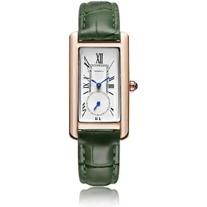 Women Quartz Watch Lady Stylish Rectangle Dress Watch with Leather Strap and Blue  Crown