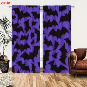 2D Flat Halloween Black Bat with Purple Frilly Outlines 2-Piece Curtain Set, Seamless Spooky Pattern on Solid Black Background, Whimsical Decorative Halloween-Themed Window Curtains for Bedroom Living Room