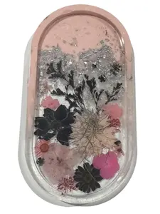 Floral Resin Jewelry Tray - Handmade Flower Small Plate 7" X 3.75" Multicolor with White Accents & Silver  Flakes, Durable Decorative Tray