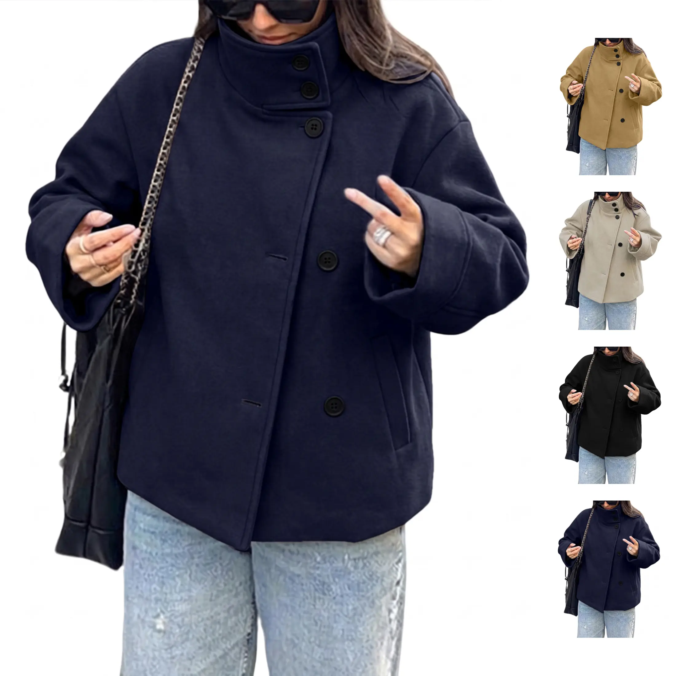 JovenPara Women Oversized Stand Collar Short Wool Blend Pea Coat Loose Double Button Minimalist Winter Casual Outerwear Jacket