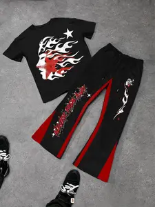 Men's Short Sleeve Tee & Letter Print Bell Bottom Trousers Two-piece Set, Regular Fit Round Neck T-shirt & Trousers, Casual Fashion Cozy Breathable Men Two-piece Outfits for All Seasons