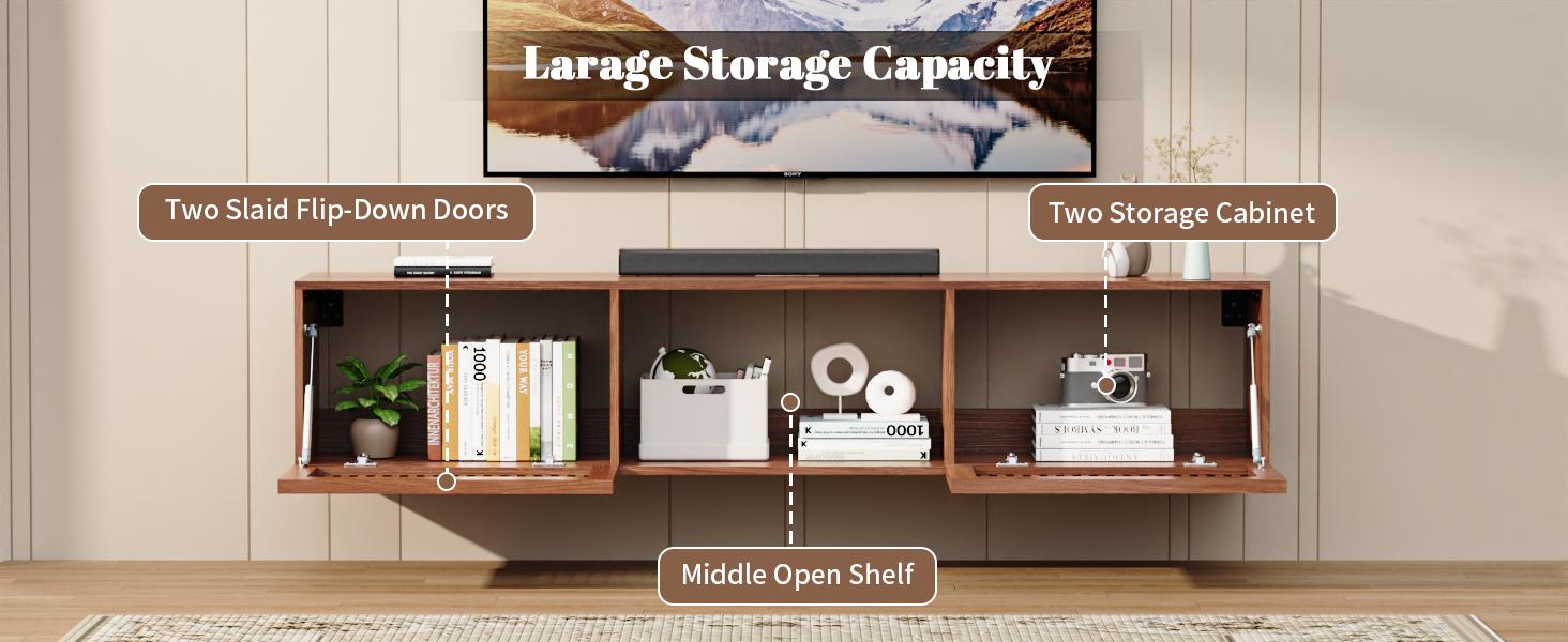 HOMMPA Floating TV Stand Wall Mounted for TVs 55'' to 80'', Floating Entertainment Center with Slatted Door Design, Mid Century Wall Mounted TV Stand for Livingroom