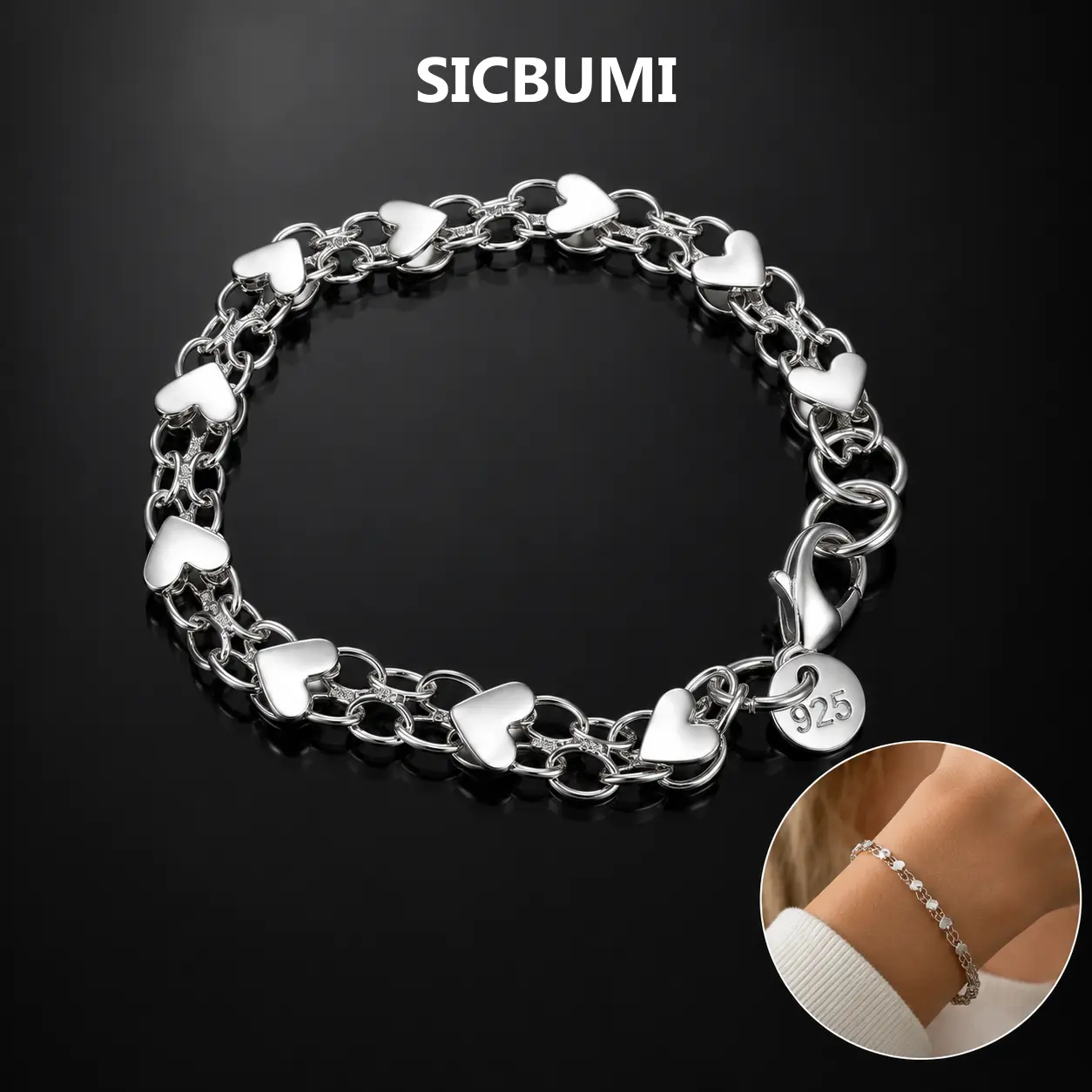 Sicbumi Heart-Shape Bracelet for Women, Boho Style S925 Sterling Silver Bracelet, Shiny and Exquisite Silvery, Women's Fashion Jewelry Accessories, Suitable for Wife, Girlfriend, Fashion Gift, Birthday Gift, Everyday Accessory Bracelet