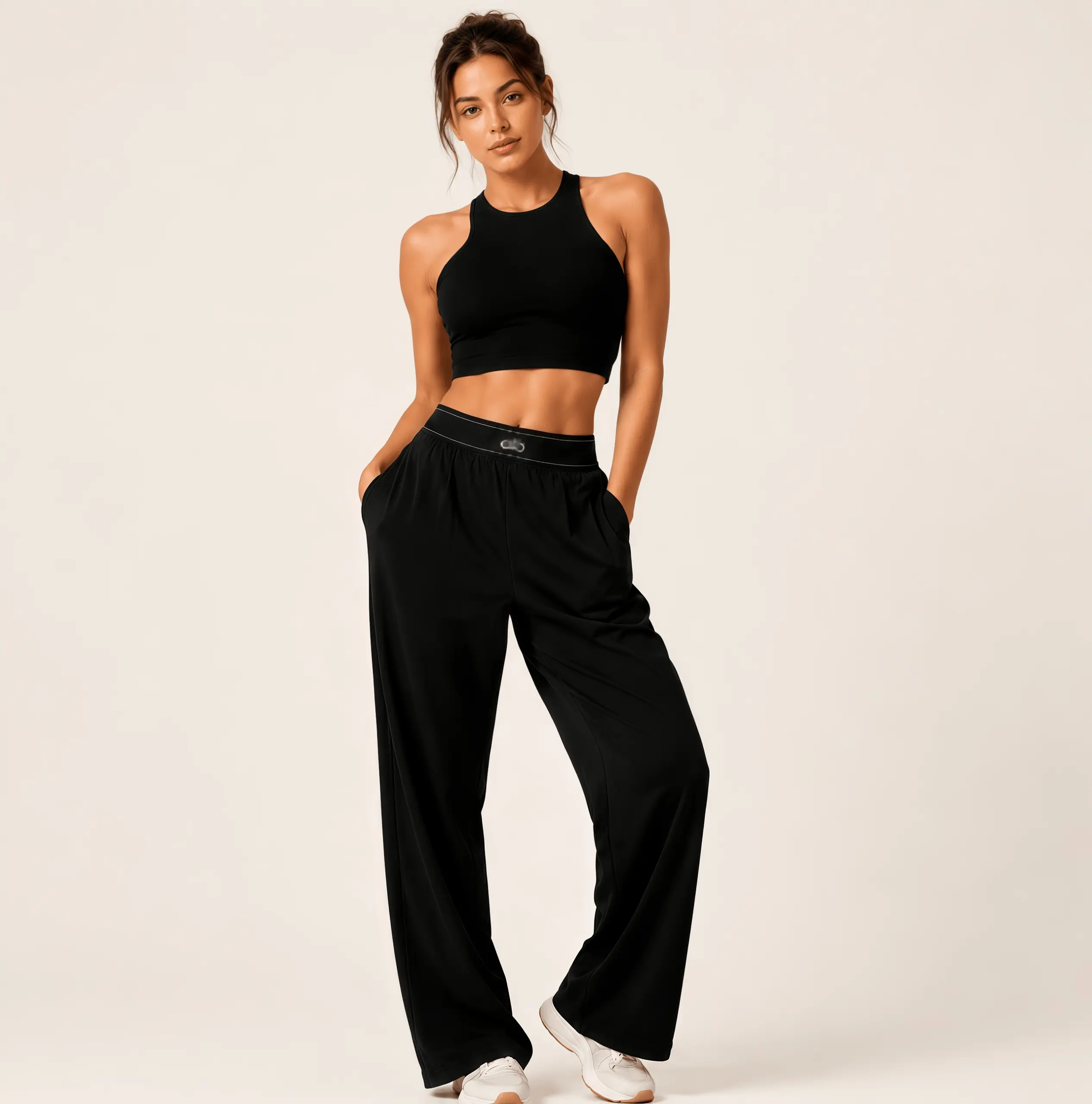 Women's High-Waisted Wide-Leg Casual Kitchen Pants - Lightweight, Stretchy, Pocketed for Casual Wear, Travel