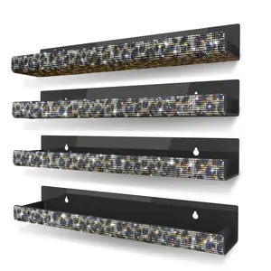 4 pcs Leopard Print Acrylic Shelf - Wall Shelf Unit Black with Sparkling Crystal Rhinestone Design | Eye-Catching Display &