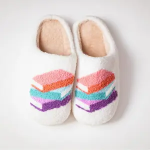 Women's Book Stack Slippers Soft Faux Fur Non-Slip Sole Indoor Outdoor Comfort Footwear Cute Preppy Slippers Shoe Girl with Embroidered Design