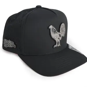 Rooster 804 Hydro Snapback Black/Red High Crown 5-Panel Polyester Hat with Laser-Cut Acrylic Rooster Badge & Hecho en México Eagle Emblem