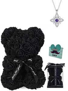 Handmade Eternal Flower Teddy Bear, Bohemian Gem Celtic Knot Necklace Gift Set, Father's Day Birthday Present for Dad