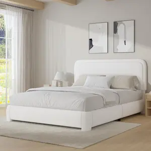 4 EVER WINNER Queen Size Bed Frame, Modern White Bed Frame with Headboard, Boucle Fabric Upholstered Bed Frame, Soft Curved Headboard, White