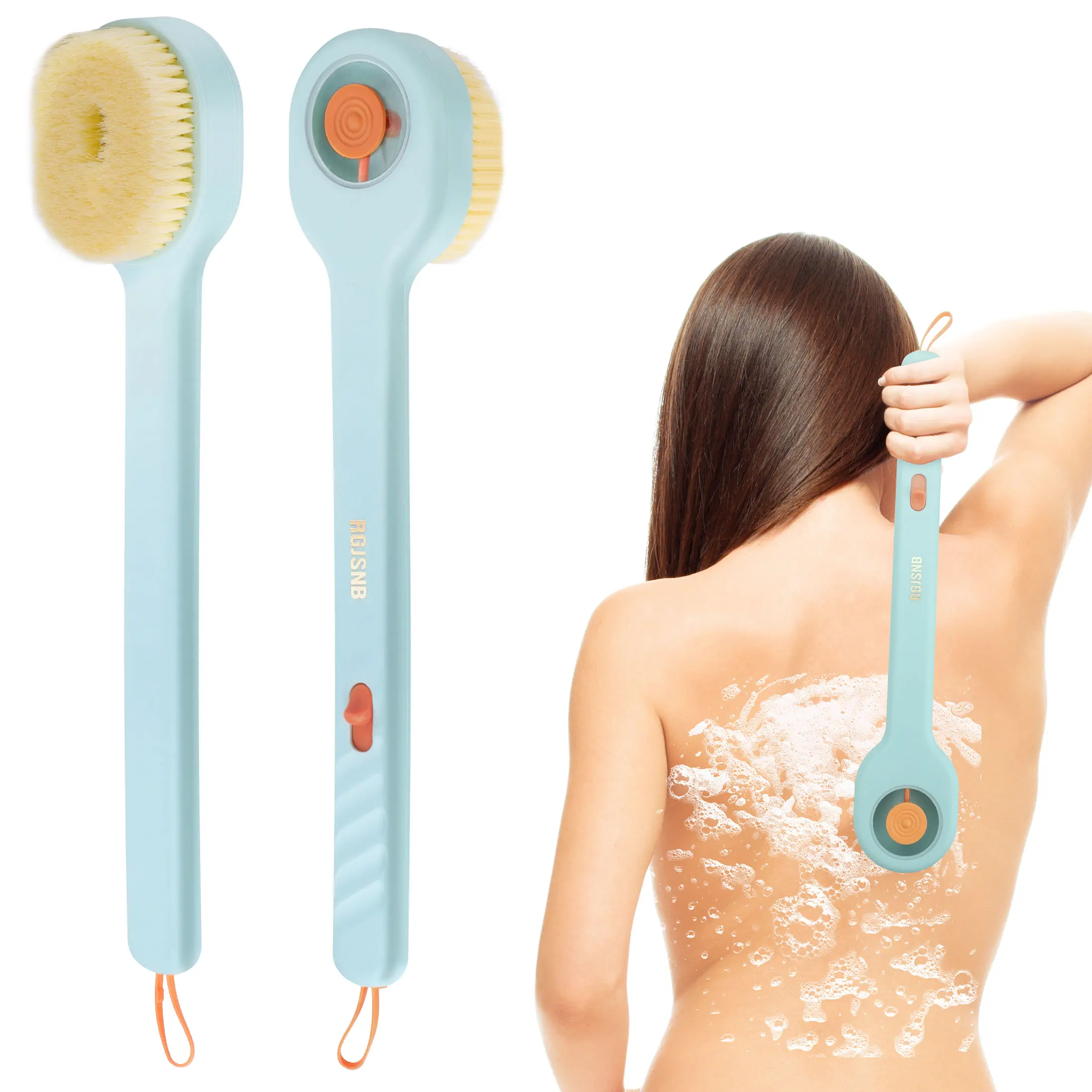 2Pcs Long Handle Push-Pull Liquid Bath Brush with Soap Dispenser, Reusable Back Scrubber for Exfoliation & Relaxation, Home Travel Shower Exfoliating Tool