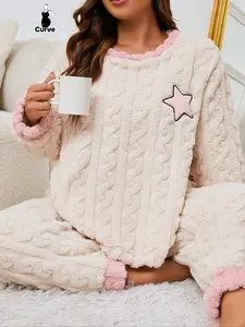 Plus Size Women's Long Plush Pajama Set Loungewear with Star Embroidery, Casual Fall & Winter Loose-Fitting Round Neck Long Sleeve Design