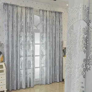 1pc Elegant Cut Velvet Grey Floral Embroidery Sheer Translucent Fabric Curtain Rod Pocket Light Filtering Sheers For Contemporary Home Styles