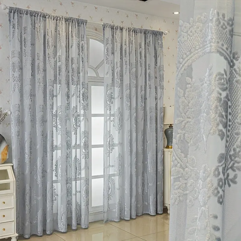 1pc Elegant Cut Velvet Grey Floral Embroidery Sheer Translucent Fabric Home Decoration Interior Decoration Accessories Curtain Rod Pocket Light Filtering Sheers For Contemporary Home Styles
