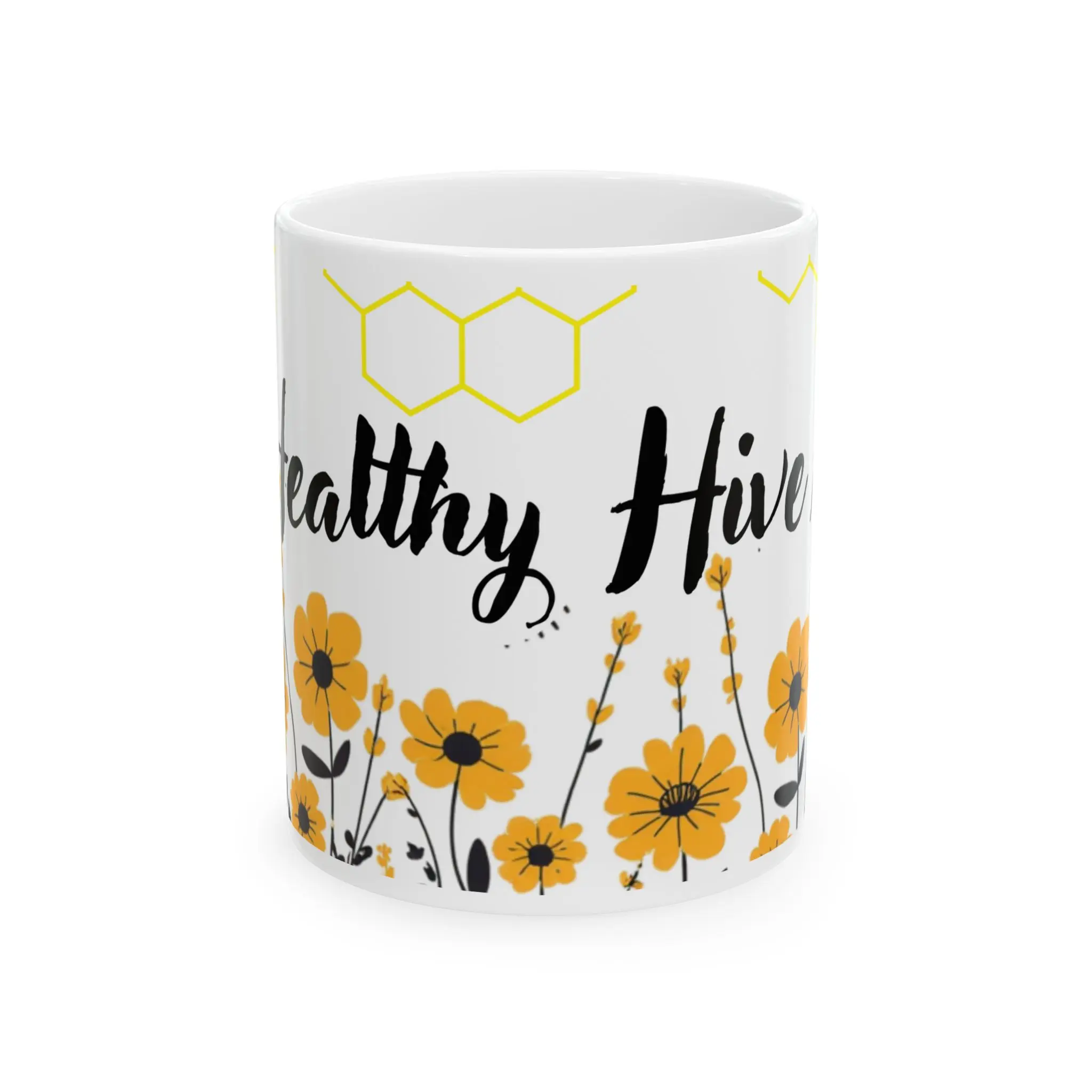 Healthy Hive 11oz Classic Glossy Ceramic Mug - Reusable Bee Floral Honeycomb Design, Washable BPA-Free Non-Toxic Ceramic Mugs, Microwave-Safe Kitchen Drinkware