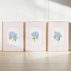 Set 3 , Trendy pink and blue hydrangea wall art , Striped floral prints , Vintage cottagecore art | Frameless Poster 9