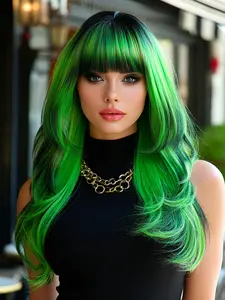 Elegant 24-Inch Gradient Color Layered Wig with Bangs, Synthetic Hair, Dark Root Soft Heat-Resistant Fiber, Full Machine-Woven Straight Hair for Women Parties Carnivals, Synthetic Wigs