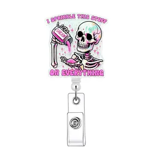 Skeleton & Letter Pattern Retractable Badge Reel, 1 Count/20pcs Acrylic ID Holder with Clip for Nurses, Doctors, Students & Office Staff, Halloween, Badge Reels Retractable