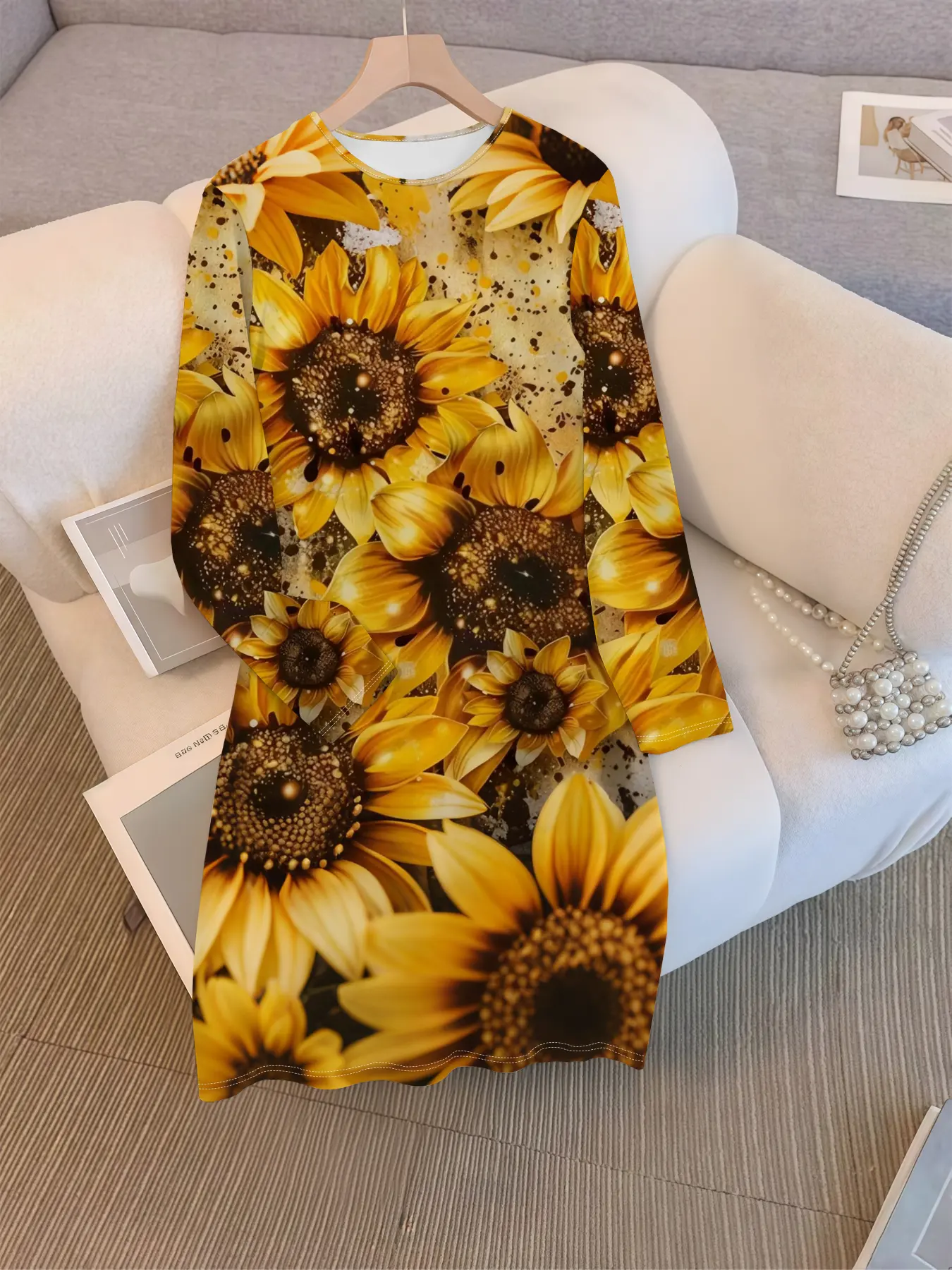 Plus Size Sunflower All over Print Long Sleeve Dress, Casual Round Neck  Loose Fit, Spring & Fall Women's Fashion - TikTok Shop