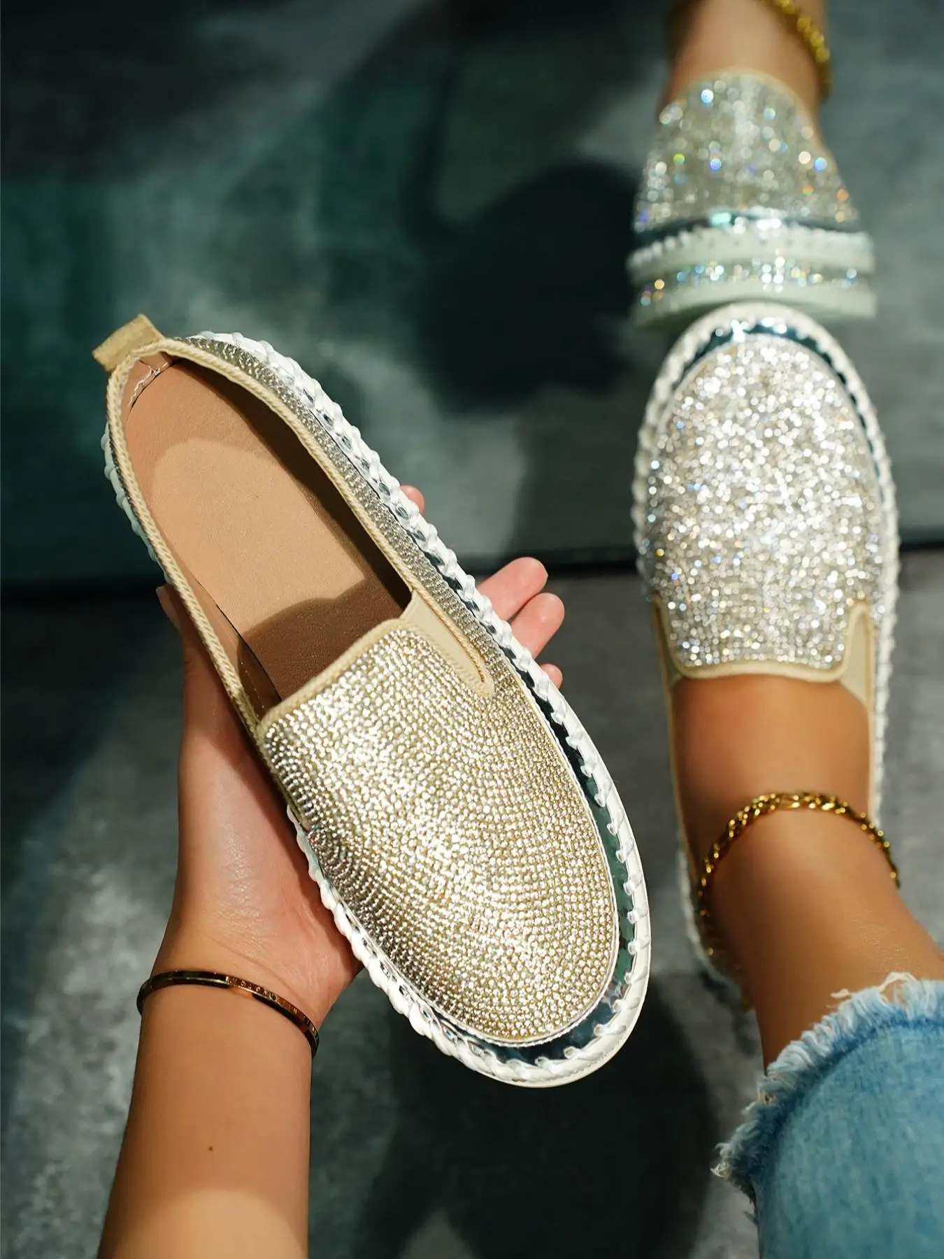 Women's Fashionable Rhinestone Decorated Slip on Flats, Women Shoes, Lightweight Breathable Comfortable Flat Shoes, Casual Versatile Shoes for Daily