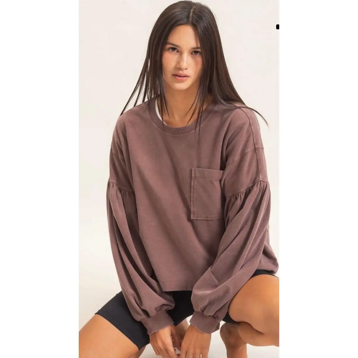 Women's Mineral Wash Long Sleeve Hoodie, Round Neck Sweatshirt