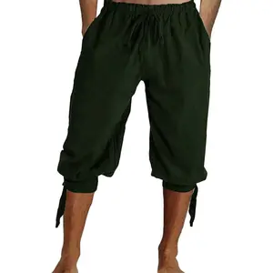 Mens Pirate Shorts Halloween Medieval Renaissance Banded Pants Viking Knicker Colonial Linen Costume