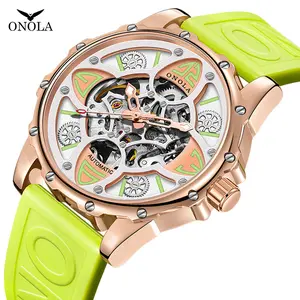 ONOLA Automatic Skeleton Watch for Men - Rose Gold Case & Neon Green Silicone Strap, Luxury Sport Timepiece for Streetwear - Unique Gifts for Boyfriend, Birthday Gifts for Son, Husband