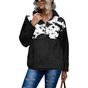 Womens Plus Size Long Sleeve Casual Zip Collar Cow Print Fleece Jacket TopsGift