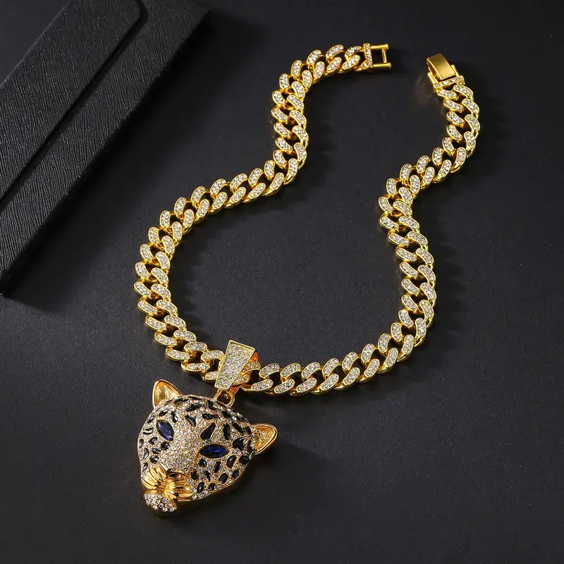 Men's Statement Necklace, Hip Hop Zinc Alloy Cuban Link Chain with Animal Leopard Pendant, Diamond Accents for Daily Wear, Unisex, Casual, Chain & Link, Personalized Luxury