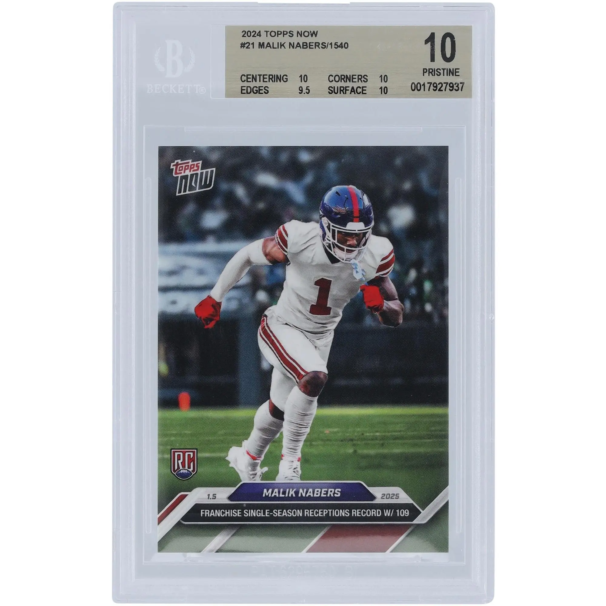 Malik Nabers New York Giants 2024 Topps Now Franchise Single Season Reception Record 01.05.2025 #21 BGS Authenticated 10 Card - 10,10,9.5,10 Subgrades
