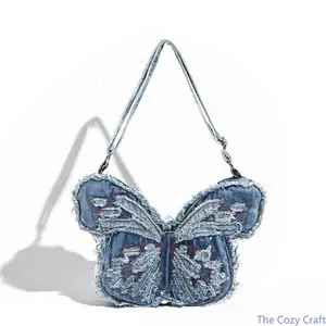 Niche Washed Denim Butterfly Irregular Shape Bag | Punk‑Style Women’s Multi‑Wear Purse, Trendy Crossbody Shoulder Backpack, Unique Stylish Versatile Accessory for Streetwear Night Out Casual Daily Occasions