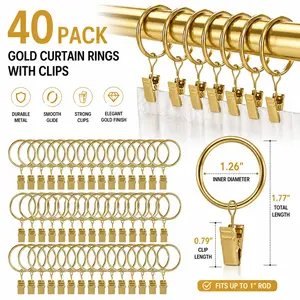 40 Pack Gold Curtain Rings with Clips – 1.26" Inner Diameter Drapery Rings, Fits 1" Rod for Window Treatments & Room Divider Panels