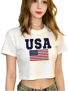 Women'S T-shirt USA Letter Print American Flag Pattern Skinfriendly Soft Comfortable Crop Top Independence Day Scheme Outfit Daily Casual Outfit Tshirt
