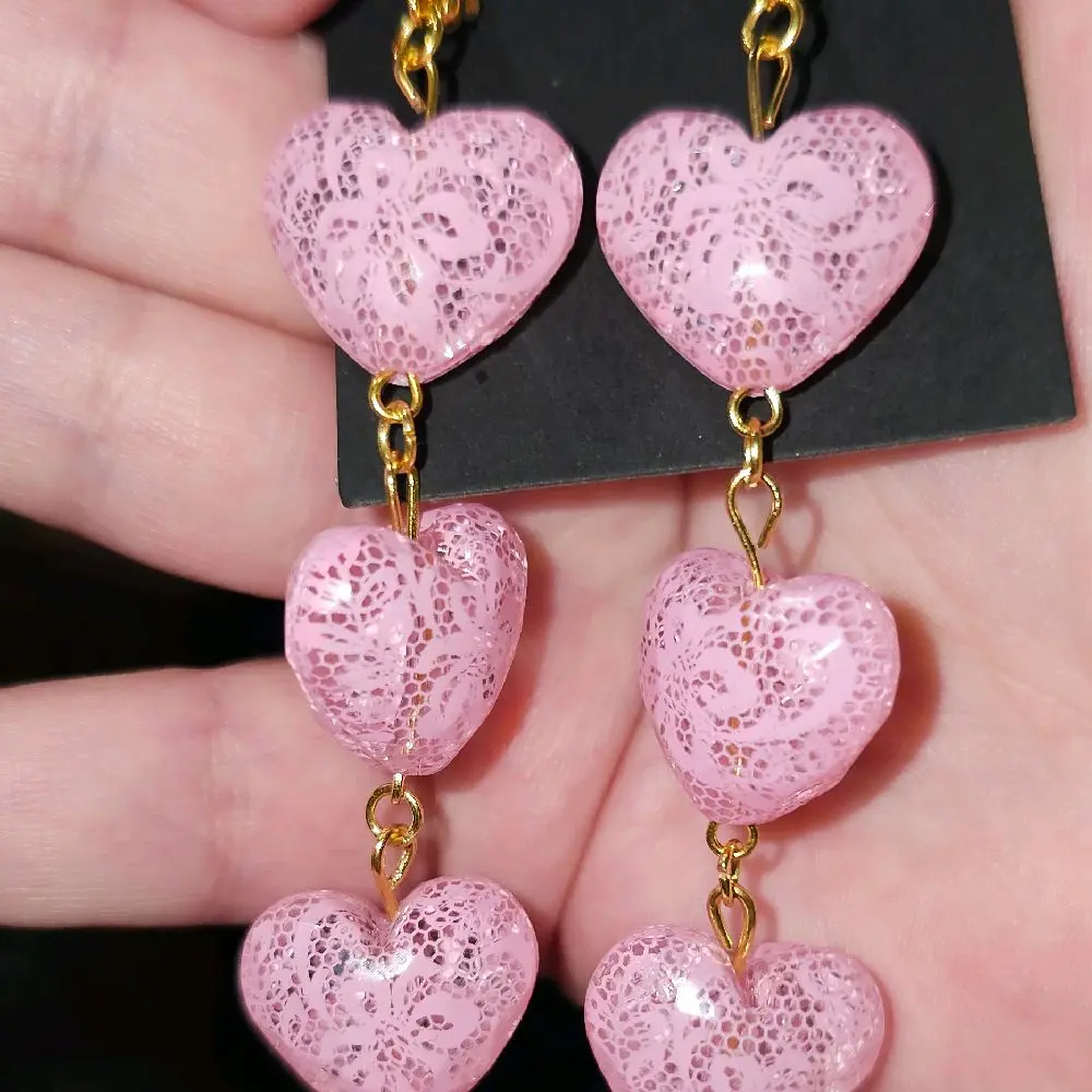 Laced with Love Pink Heart Charm Hook Earrings with Lace Design & Gold-Colored Findings Elegant Everyday Wear or Special Occasions
