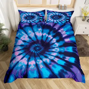 Feelyou Multi-Size Polyester Fiber Duvet Cover Set, Purple & Blue Spiral Tie-Dye Reactive Dye Abstract Art Boho Hippie Bedding Quilt Bedspread Cover