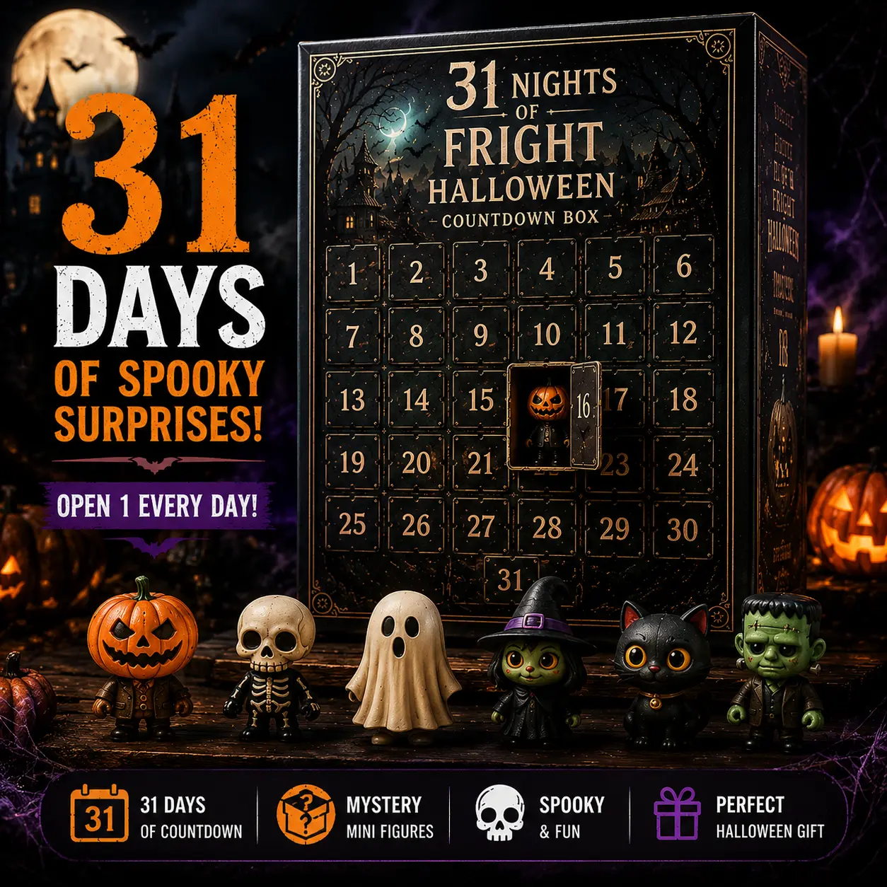 2026 Halloween Countdown Advent Calendar Gift Box - 31 Nights of Fright Blindbags Surprise Set, Scary Doll Collectible Minifigures, Hanging Charms, Mini Decorations, Festive Horror Vibe Gift for Horror Lovers with Daily Halloween Surprise