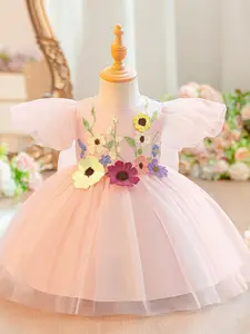 Baby Girl Little Flying sleeve applied patterned puff net Clothes Infant Christening Cocktail Toddler Baptism Pageant Birthday Party Ball Gown Princess Dress for all Season 6 Months to 3 Years