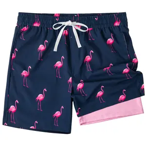 Men's Seam Swim Trunks with Compression Liner Quick Dry Swimwear Swimtrunks Hawaiian Style Pockets Beach Shorts Swimmingtrunks