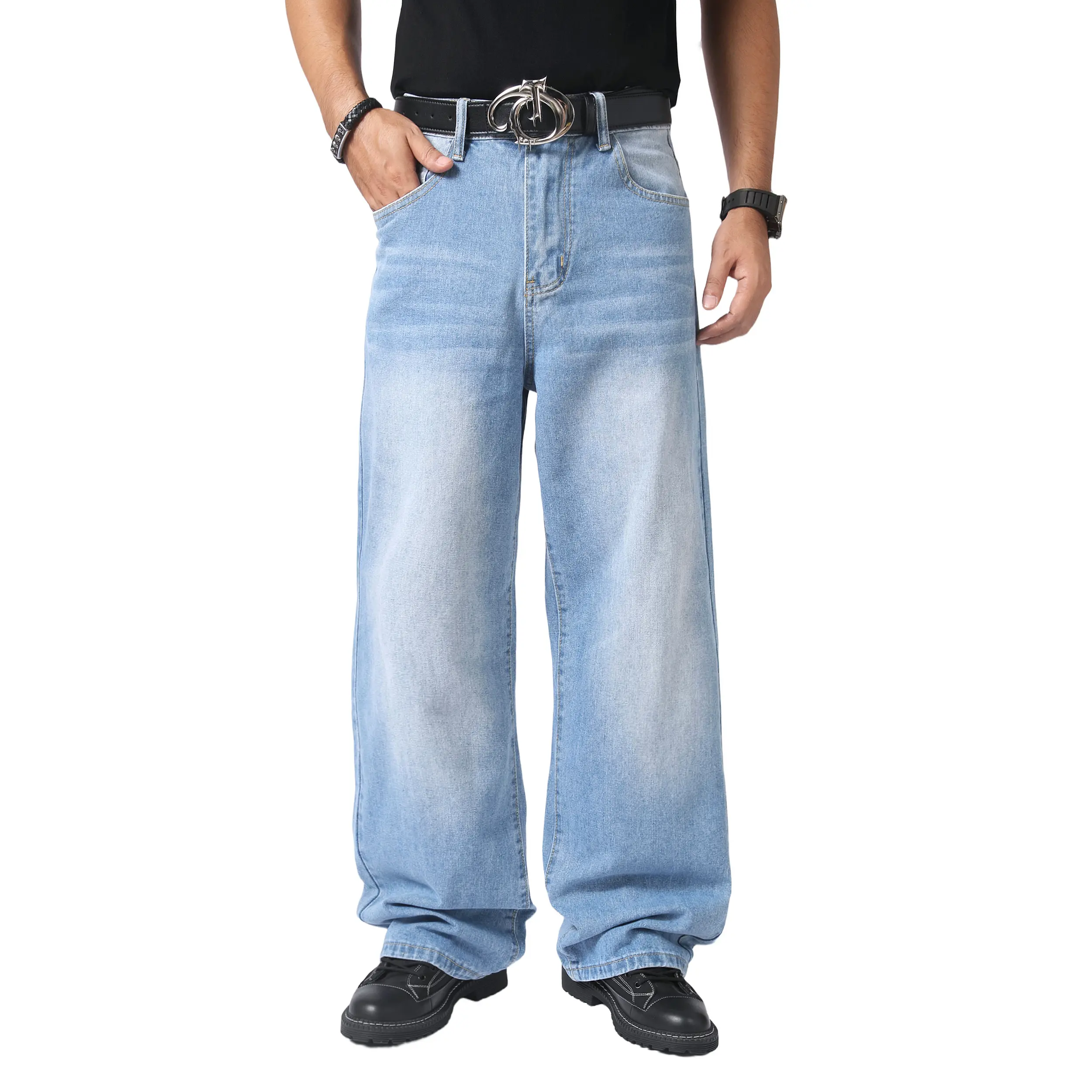 JUNBAOSS Men's Baggy Hip Hop Jeans Y2K Casual Vintage Wide Leg Skater Denim Pants Loose Fit Long Trousers 2000s Streetwear Mens Irregular Sutures Skateboard Steampunk Baggy Jeans Plain Pants