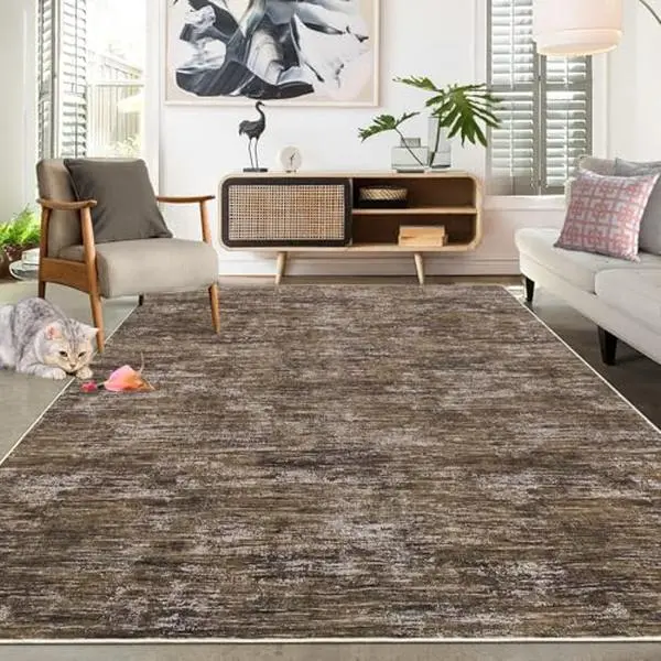 8x10 ft Washable Rug Solid Area Rug for Living Room Modern Solid Rugs for Bedroom Abstract Textured Neutral Carpet Non-Slip Stain Resistant for Dining Room Office Dorm, Brown