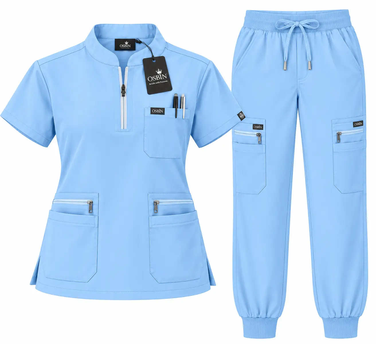 OSBIN Women's Medical Scrub Set, Stand Collar Top & High-Waisted Wide-Leg or Jogger Pants, 13 Pockets